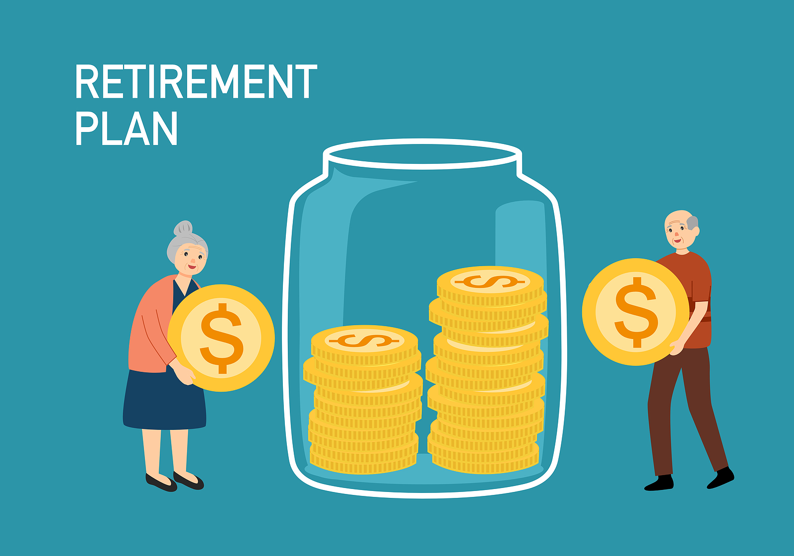 Retirement plan concept vector illustration. Wealthy retired couple putting dollar coins in glass jar in flat design. Pension rich.