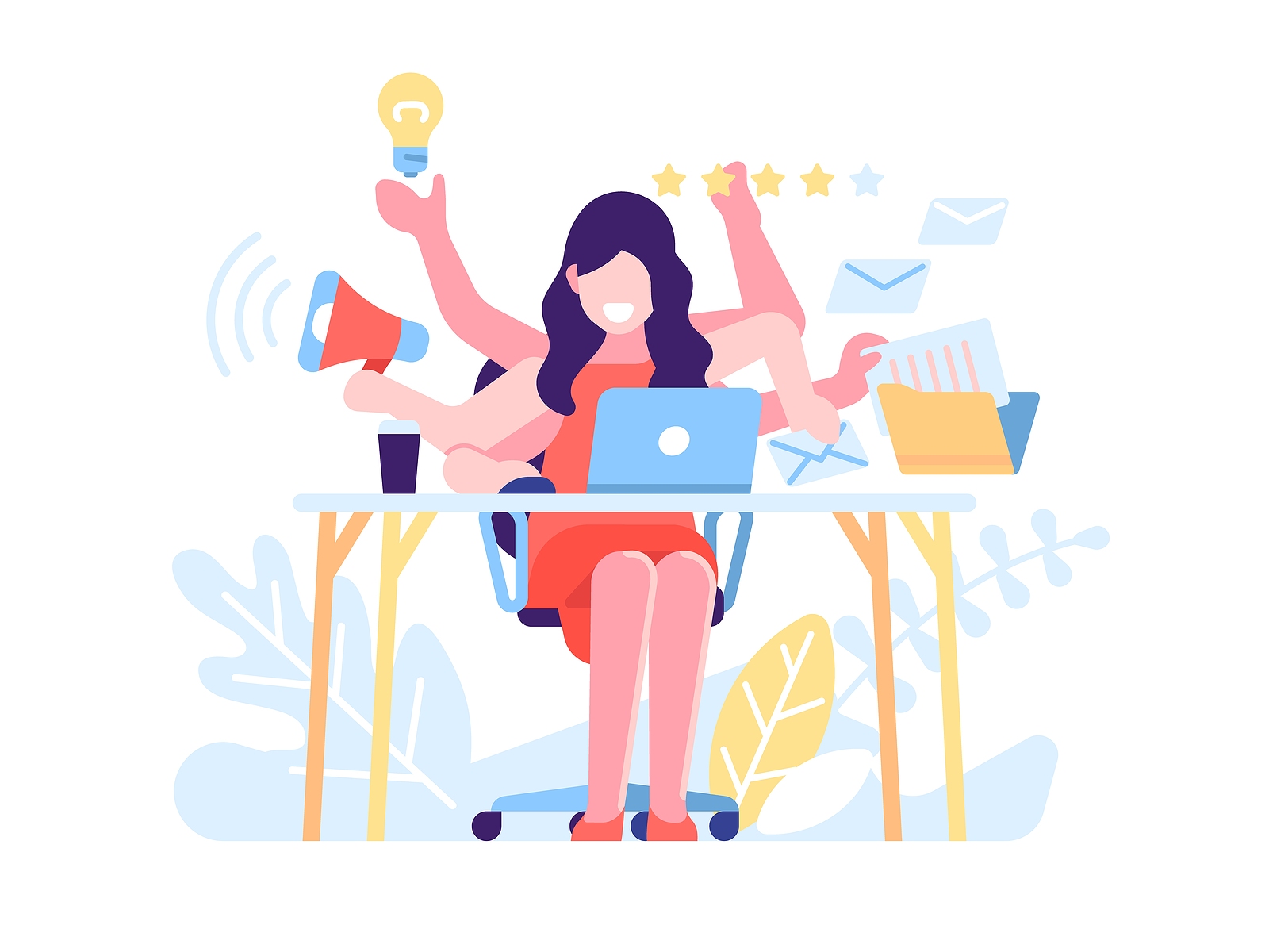 Multitasking woman. Successful business woman performing multiple tasks productive, work efficiency, workaholic secretary workplace, time management vector isolated concept