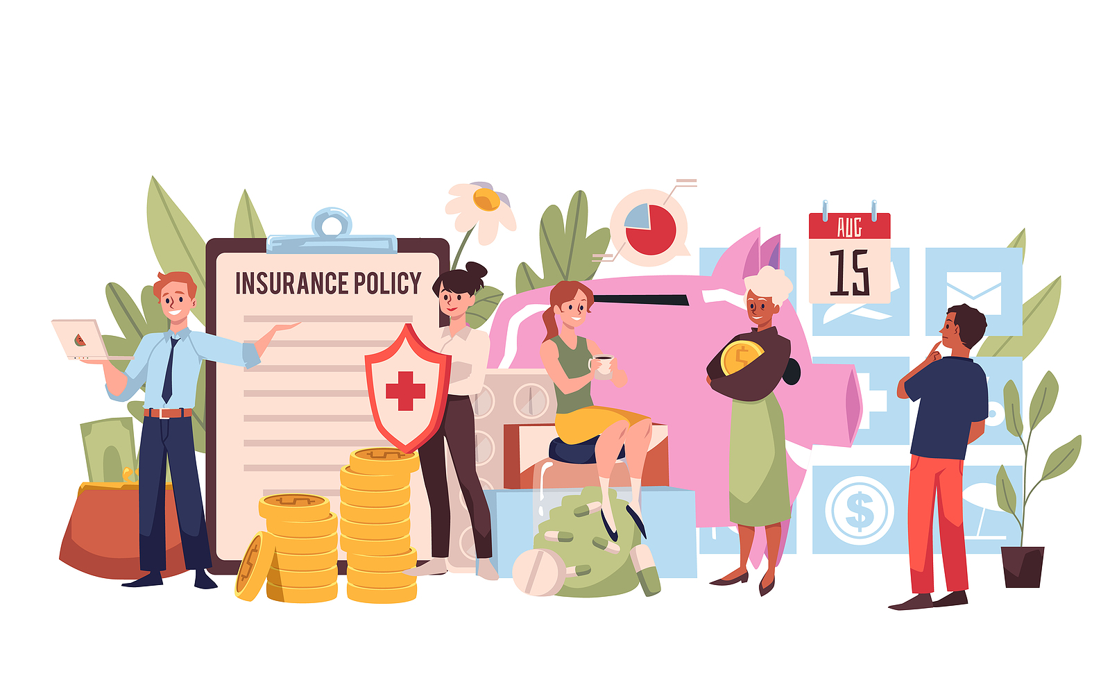 Employee Benefits banner with company employees, vector illustration isolated.